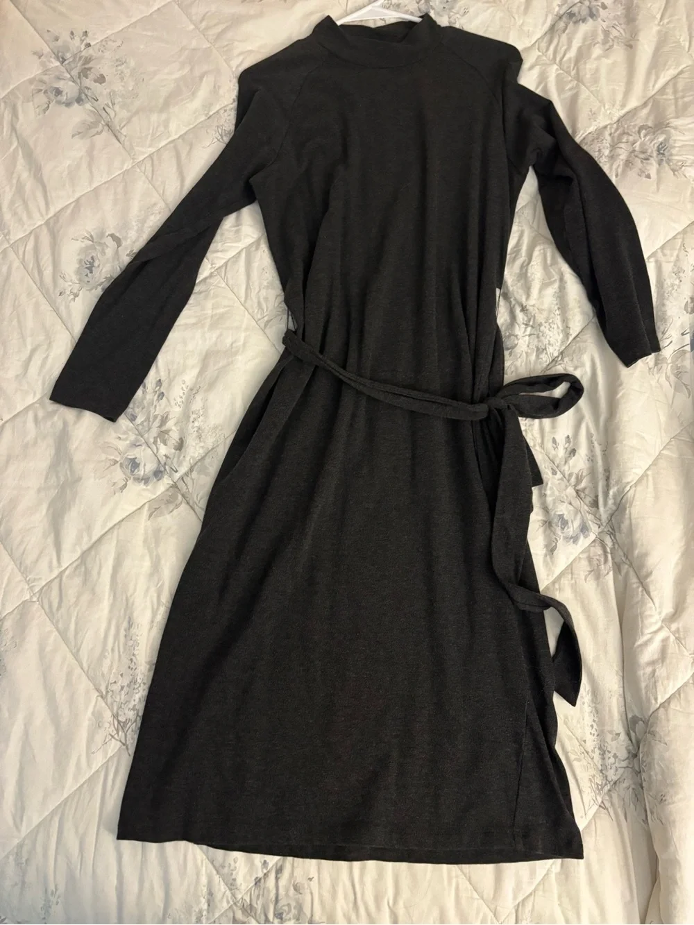 Dark Grey Long-Sleeve Belted Midi Dress